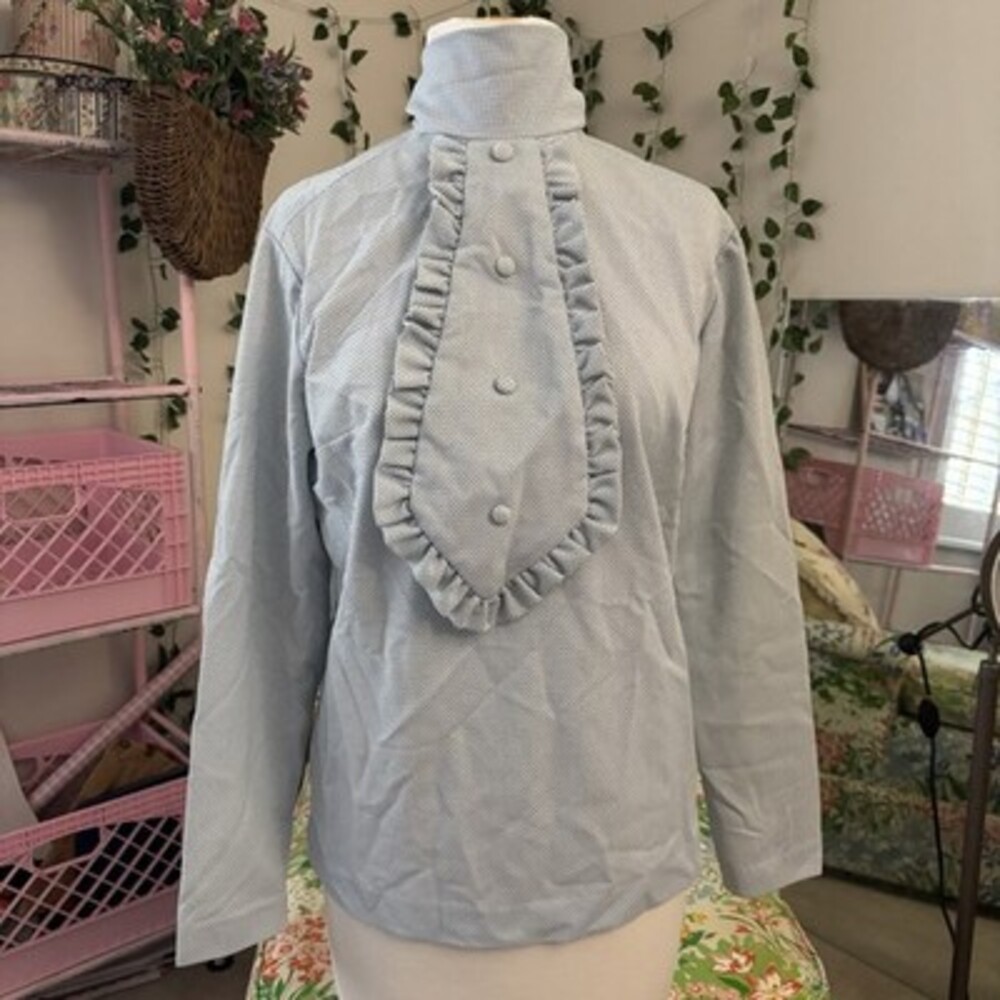 Vintage Bradley Blue Micro Dot Ruffle Bib Blouse | High Neck Zip Back | 70s Top